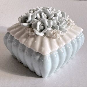 Antique Fluted Blue Ceramic Box with Floral Capodimonte Lid Cottage Decor